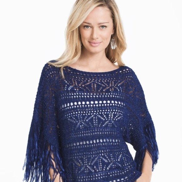 WHBM Open Knit Fringe Poncho Top S - Picture 2 of 9